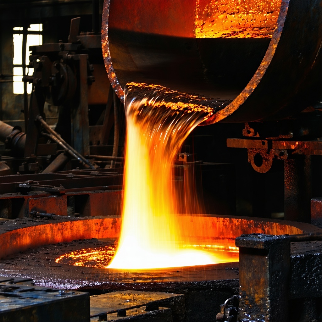 Inside a dark foundry mith melted metals being poured in vassels-1
